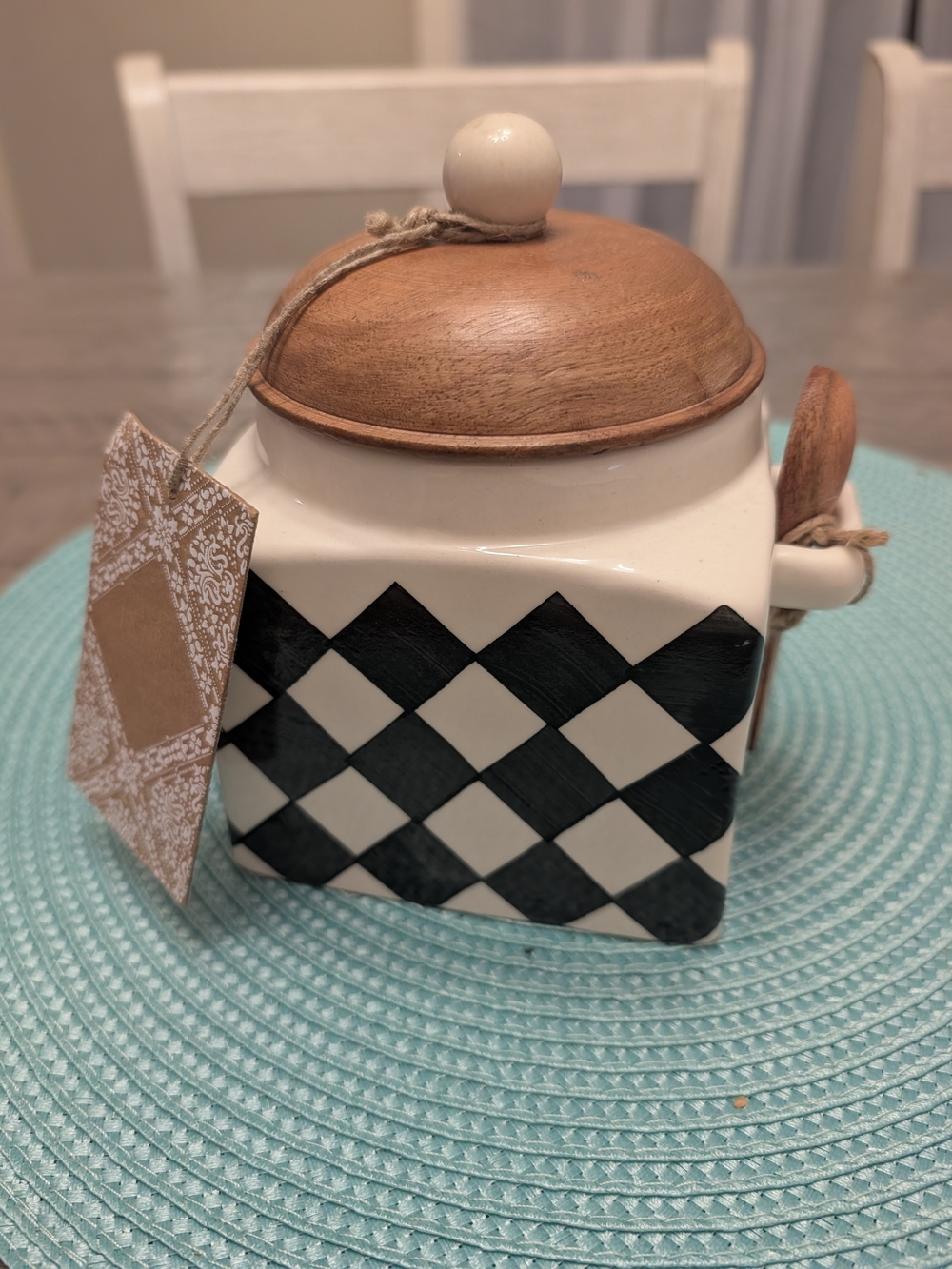 New Ceramic Sugar Jar with Wood Lid - Black & White
